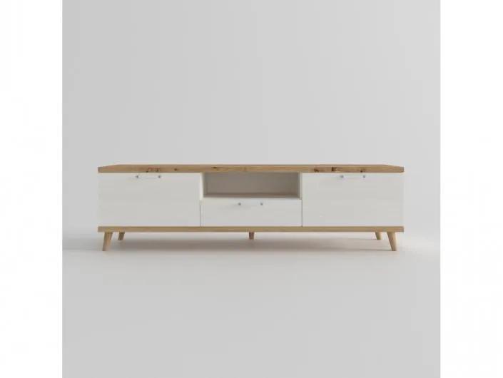 Mesa tv. 2 puertas,hueco y 1 cajón con patas redondas color artisan-polar de 180 cm.