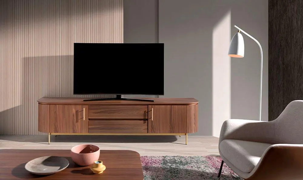 Mesa de televisión 2 cajones nogal y dorado Erie Angel Cerda