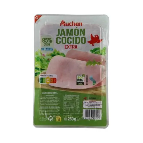 AUCHAN Jamón cocido de categoria extra, cortado en lonchas 250 g. Producto Alcampo