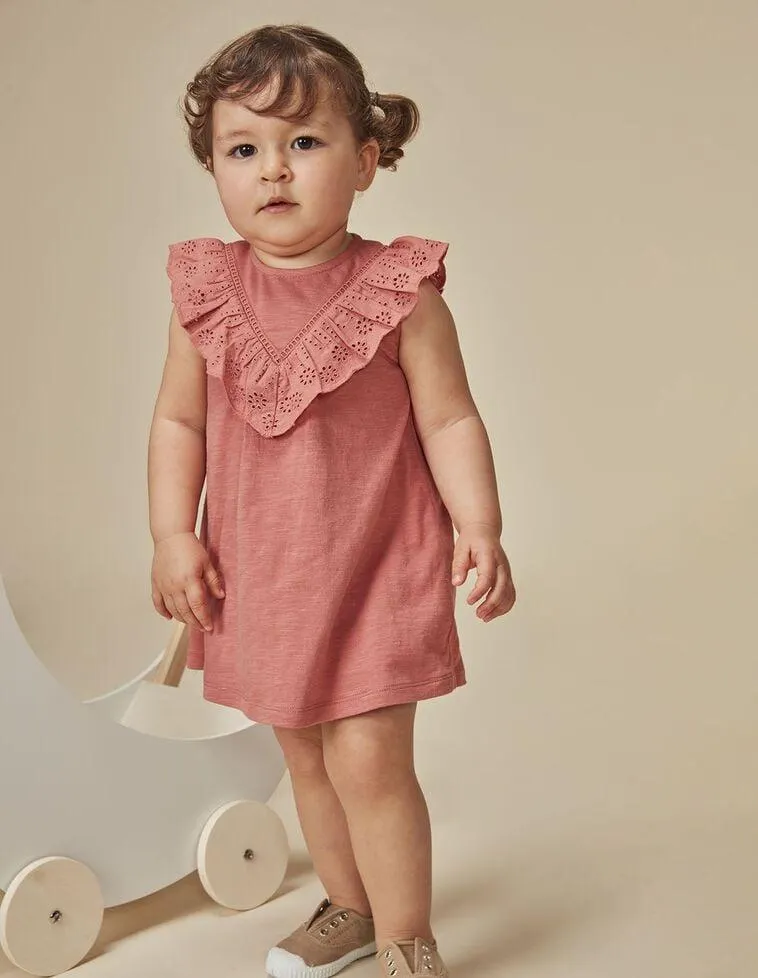 Vestido de punto con tiras bordadas rosa