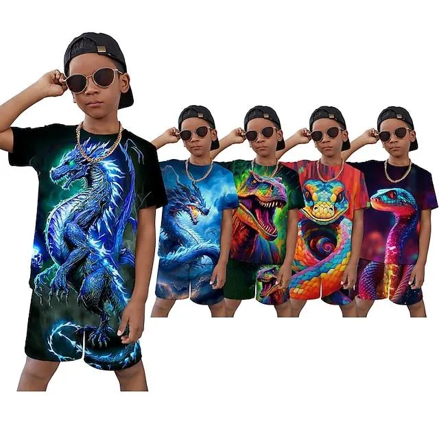 Chico 3D Graphic Animal Dragón Camiseta y Bermudas Conjunto de camiseta Conjunto de Ropa Manga Corta Impresiones 3D Verano Primavera Activo Deportes Moda Poliéster Niños 3-13 años Exterior Calle