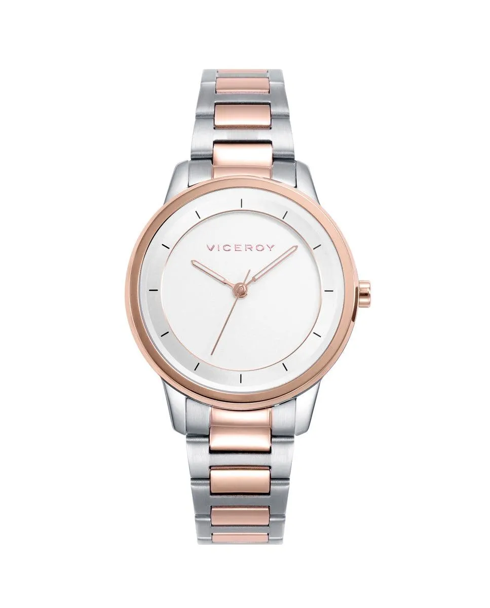 Reloj caja de acero bicolor Ip rosa, 5 atm, brazalete bicolor de acero Ip rosa, movimiento cuarzo