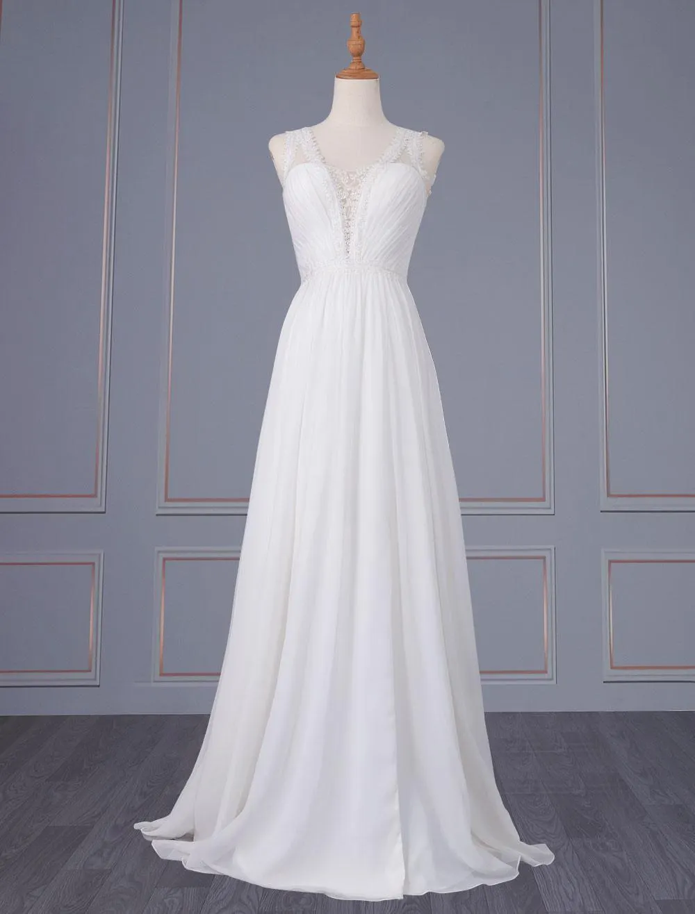 Marfil Vestido de novia simple Una línea de cuello en V Sin mangas Sin espalda Encaje Gasa Vestidos de novia largos