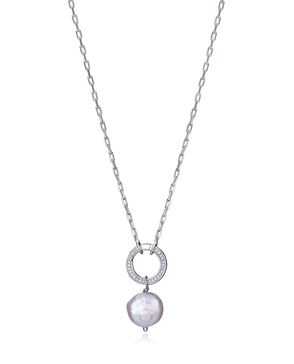 Collar Elegant de plata de ley con baño de rodio , aro con circonitas y colgante de perla cultivada