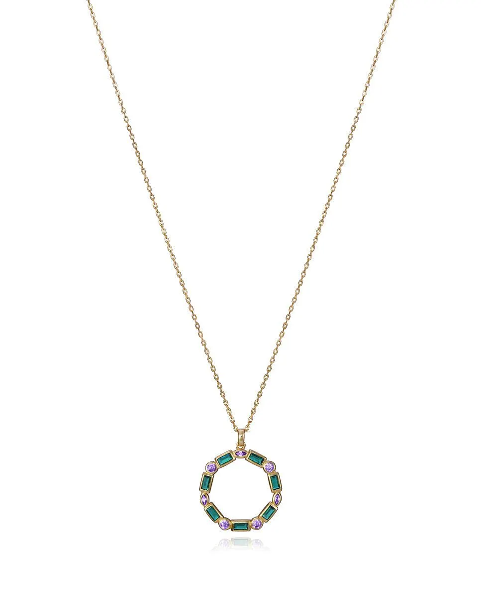 Collar Elegant de plata de ley con baño de oro, colgante de aro con circonitas verdes y violetas