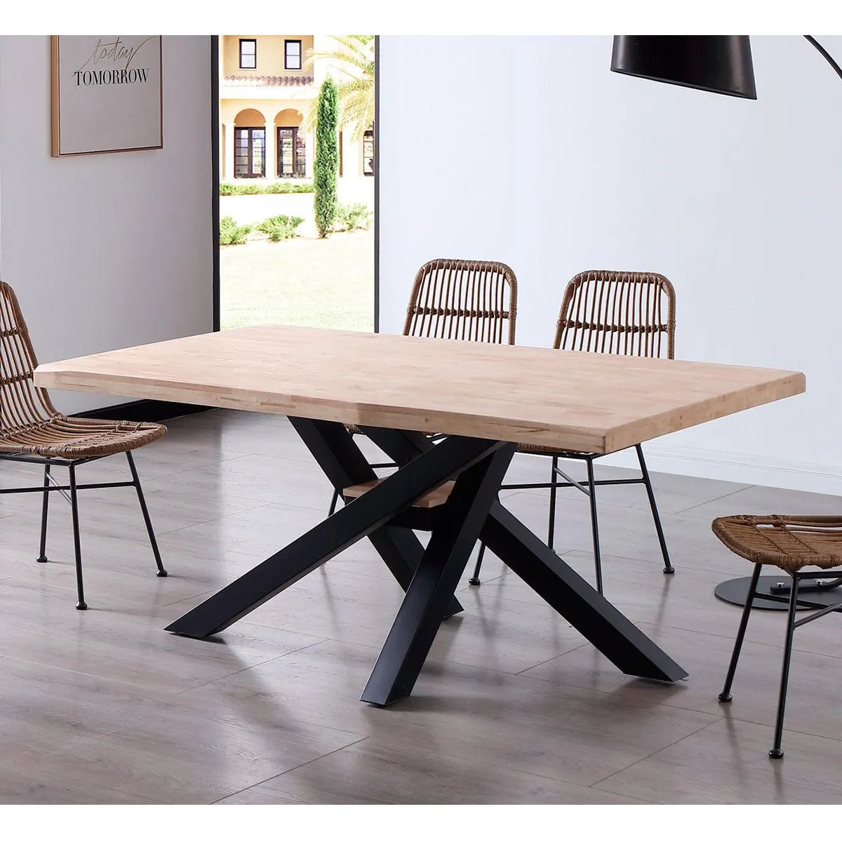 Mesa de comedor Xena forma patas cruzadas tapa irregular roble 76x180x100 cm