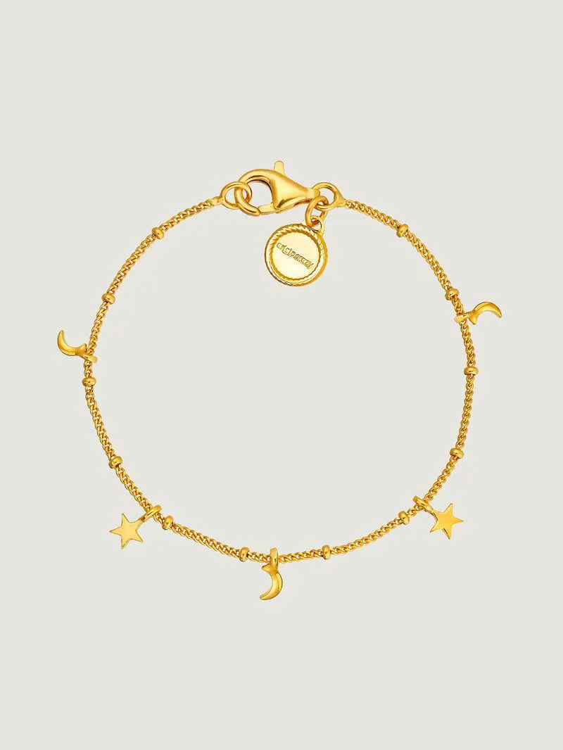 Pulsera de plata 925 bañada en oro amarillo de 18K con lunas y estrellas