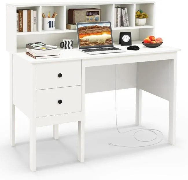 Escritorio para ordenador de 120 cm con estantería de 5 compartimentos, 2 cajones, blanco