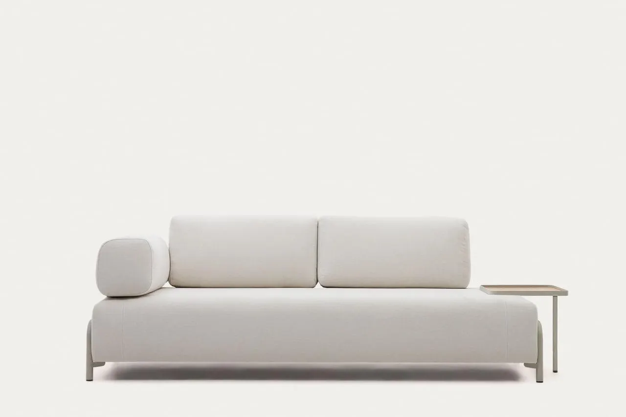 Sofá Compo 3 plazas chenilla beige, bandeja grande chapa roble y estructura metal gris 232cm