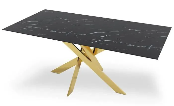 Mesa de comedor Naelle cristal efecto mármol negro patas doradas