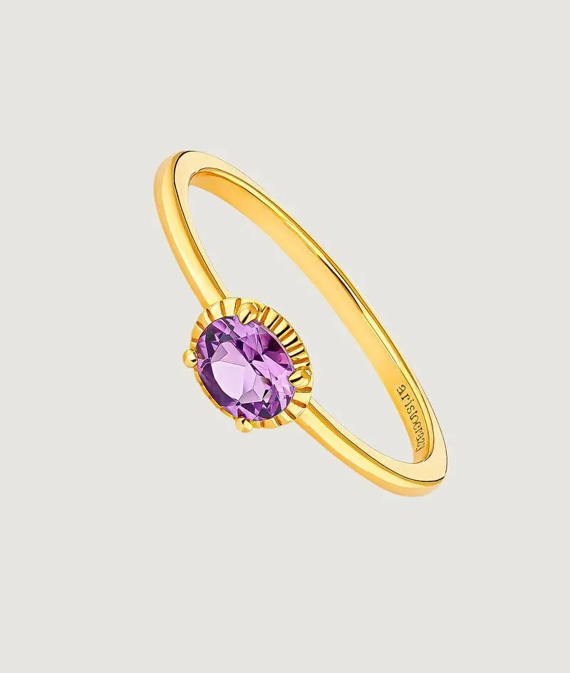 Anillo de plata 925 bañada en oro amarillo de 18K con piedra amatista morada