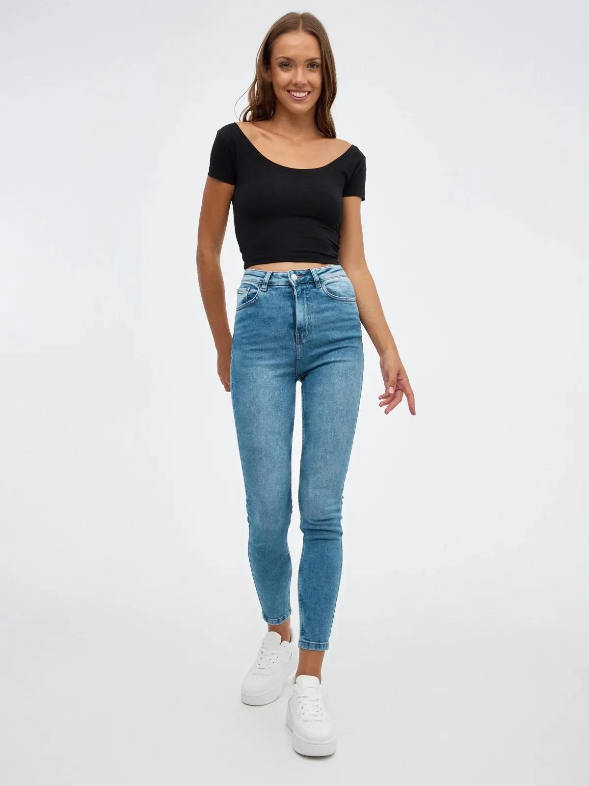 Jeans skinny denim tiro alto