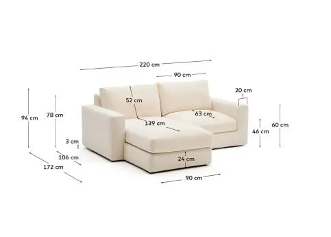 Sofá modular desenfundable Alea 3 plazas chenilla chaise longue izquierdo crudo 220 cm
