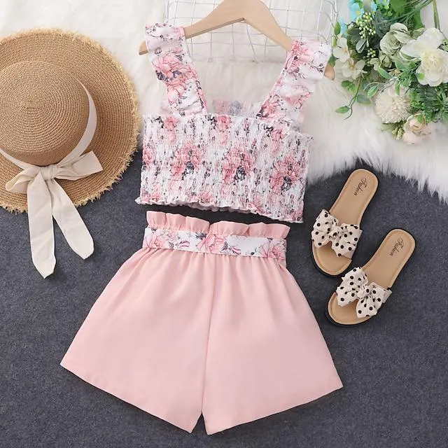 2 Piezas Niños Chica Floral Conjunto de camiseta sin mangas y pantalones cortos Conjunto Sin Mangas Tropical Casual 7-13 años Verano Multicolor Rosa