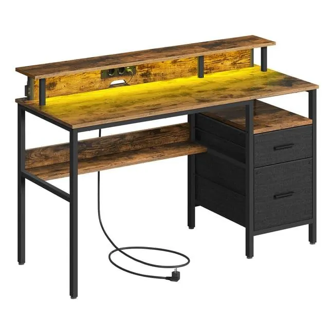 Escritorio esquinero con luces led - estante para monitor, 2 cajones, tomas de corriente y puertos usb, ideal para oficina en casa, marrón rústico