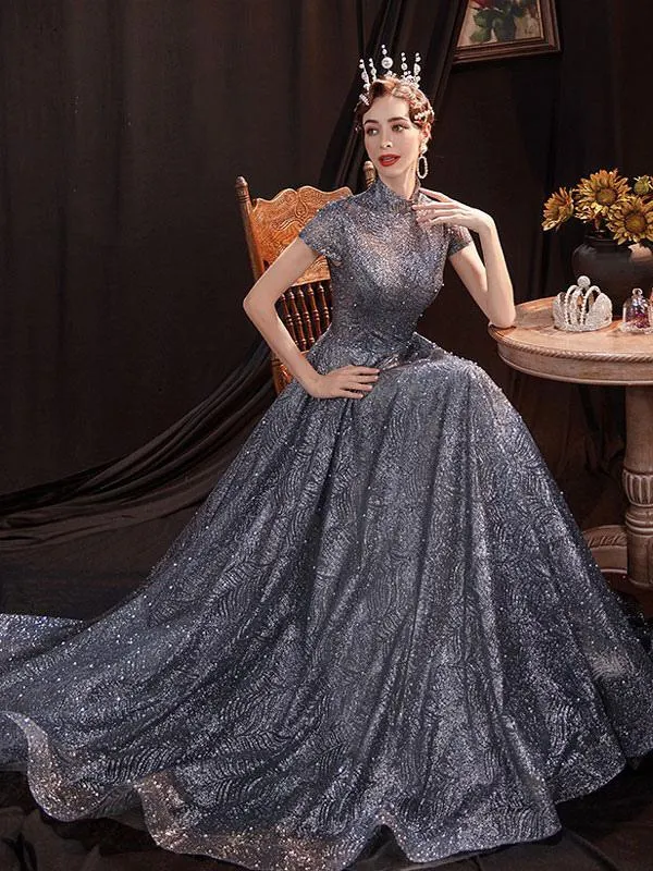 Vestido de noche Corte A Cuello alto Hasta el suelo Manga corta Con cordones Vestidos de fiesta formales de encaje