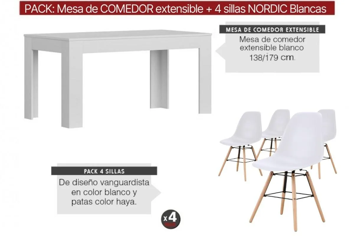 PACK Mesa ASTRID Blanca + 4 Sillas NORDIC Blancas diseño