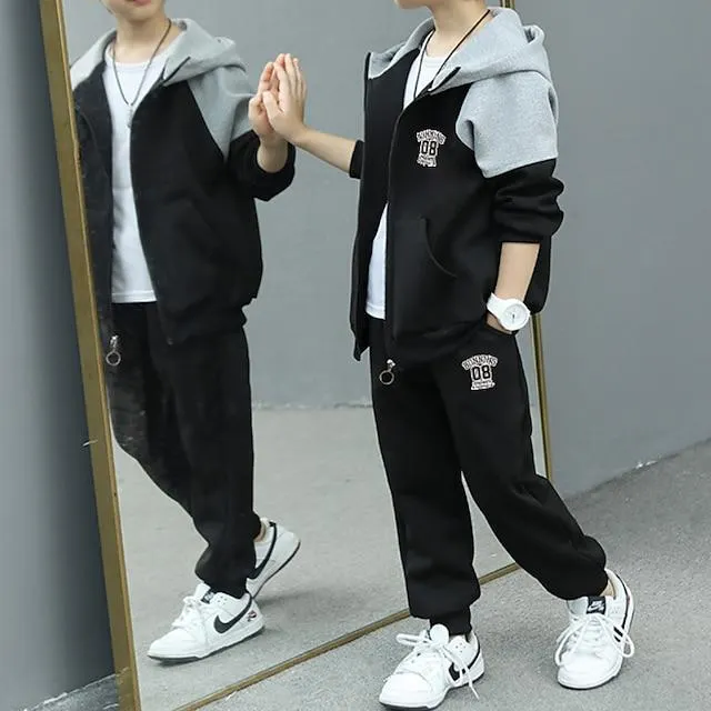 2 Piezas Niños Chico Chándales Vestimenta Bloque de color Letra Manga Larga Algodón Establecer Deportes Invierno Otoño 7-13 años Negro Gris