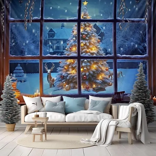 Tapiz colgante con vista de ventana de Navidad, arte de pared, tapiz grande de Navidad, decoración mural, fotografía, telón de fondo, manta, cortina, hogar, dormitorio, sala de estar
