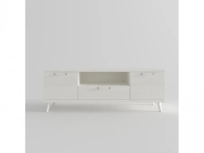 Mesa tv. 2 puertas,hueco y 1 cajón con patas redondas color polar de 140 cm.