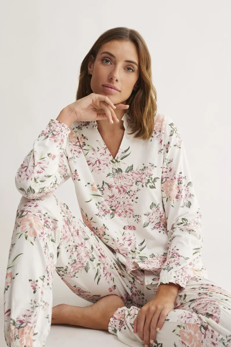 PIJAMA PANTALÓN LARGO PUÑO CON CAMISETA ABIERTA MANGA LARGA MODAL/ALGODÓN