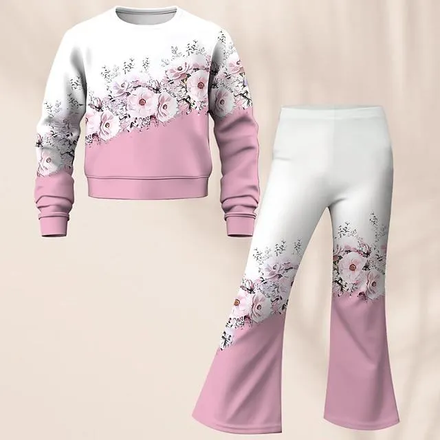 Chica 3D Floral Conjunto Sudadera y campana Manga Larga Impresión 3D Otoño Invierno Activo Moda Diario Poliéster Niños 3-12 años Cuello Barco Exterior Cita Vacaciones Ajuste regular