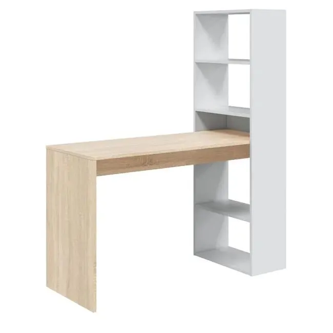 Escritorio de Oficina Mesa de Ordenador para Casa y Estudio, Escritorio de Madera Aglomerada, Estante y Estante Lateral - Blanco y Roble