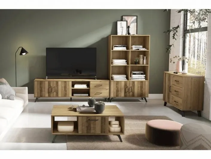 Mueble tv puertas, cajones y huecos color natural y serigrafía