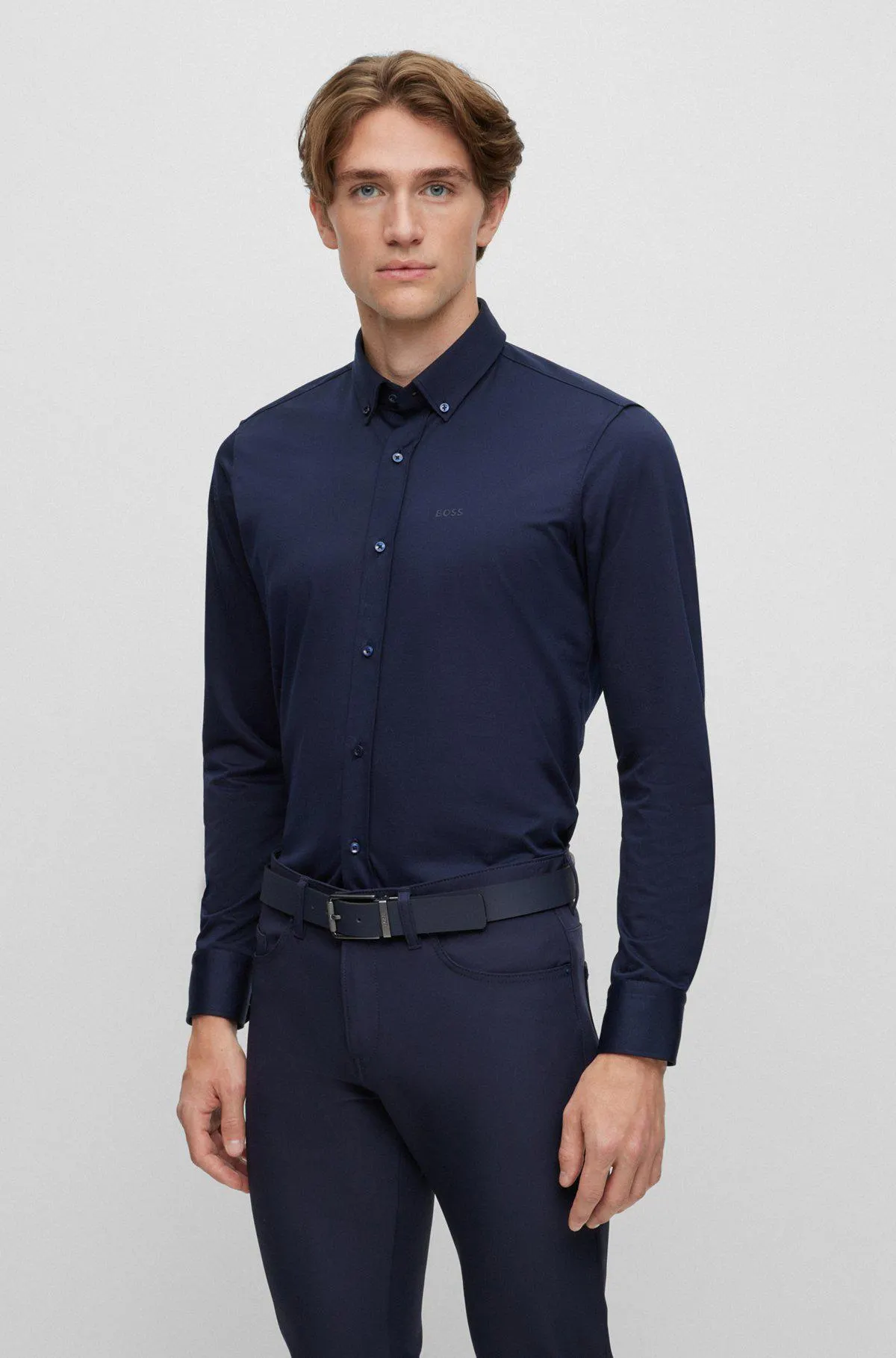 Camisa regular fit en punto de mezcla de algodón con estructura