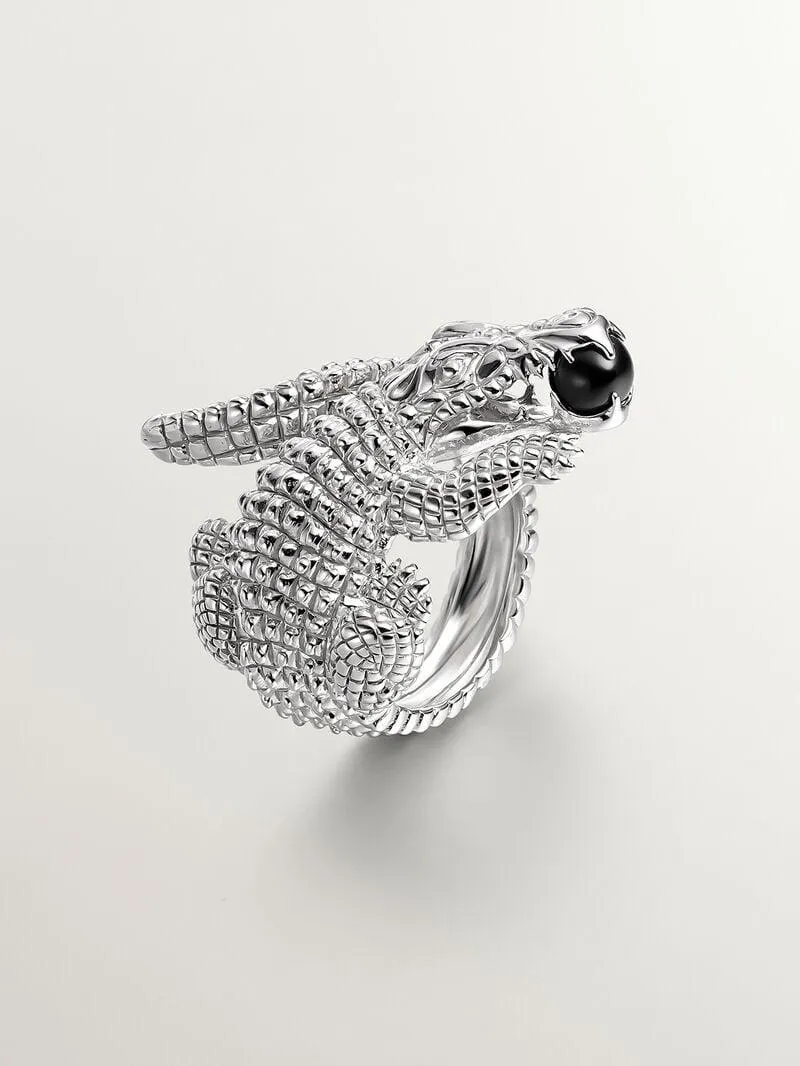 Anillo de plata 925 con forma de cocodrilo y ónix negro
