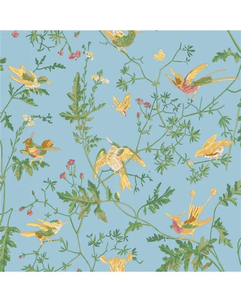 PAPEL PINTADO Hummingbirds Buttercup Yellow On Cornflower Blue 124-1004
