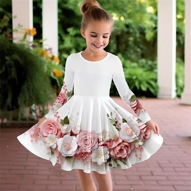 Girls ' 3D Floral Vestido Manga Larga Impresión 3D Primavera Otoño Deporte Diario Festivos Estilo lindo Casual Hermosa Niños 3-12 años Vestido informal Vestido de una línea Sobre la rodilla Poliéster