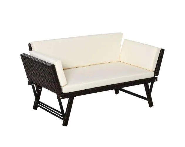 Sofá ratán 2 plazas acero, pe ratan, tela de poliéster color beige