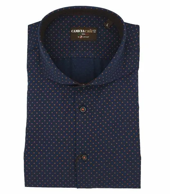 Camisa Hombre 1 Botón Cuello Francés Slim Estampado Poliéster Algodón Azul y Ladrillo