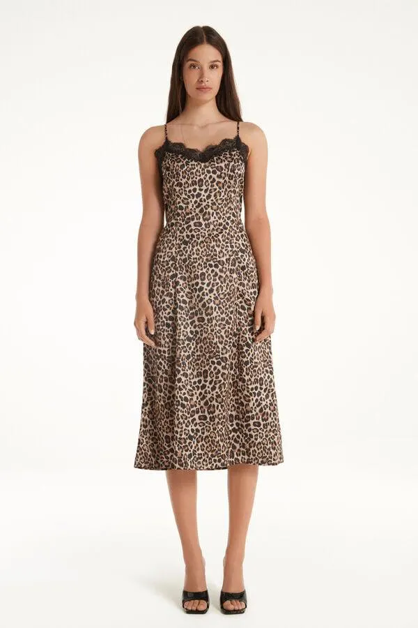 Vestido Midi con Tirantes Finos de Raso y Encaje