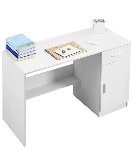 Escritorio pequeño con cajón, mesa estudio madera, escritorio MDF con almacenamiento y estante ajustable, para dibujar, leer, hogar, blanco VEVOR