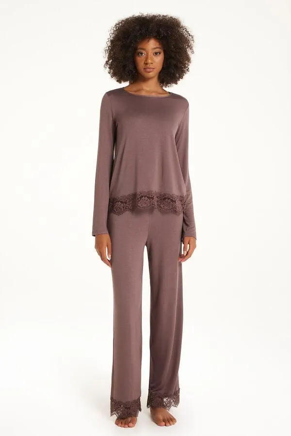 Pijama Largo de Viscosa con Encaje