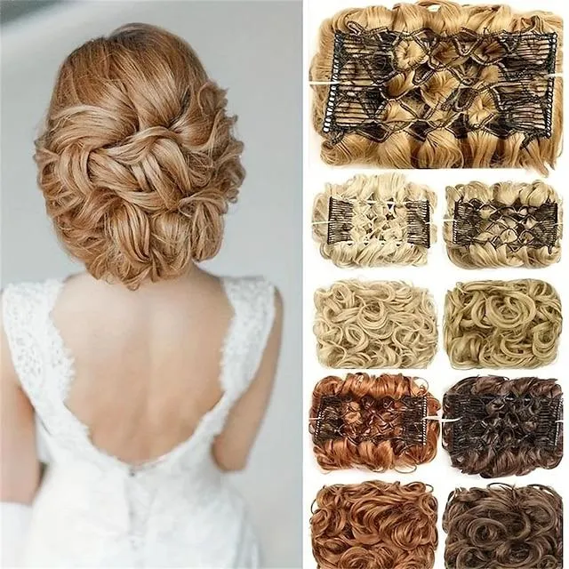 Piezas de moño de pelo sintético, dos clips de peine en extensiones de cabello postizo de moño para mujeres