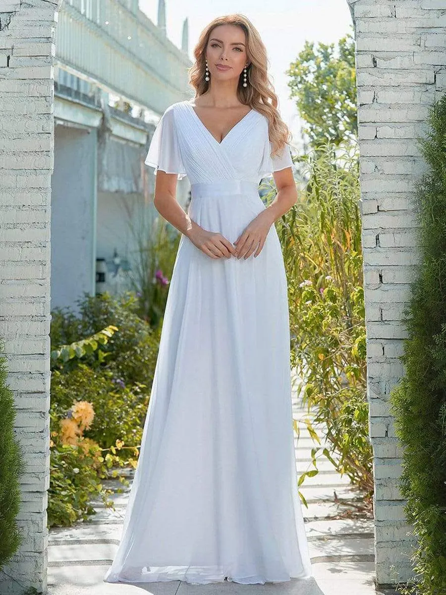 Vestido de novia causal simple Gasa con cuello en V Manga corta Sin espalda Una línea de vestidos de novia largos