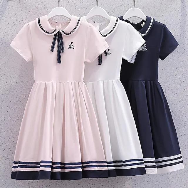 Niños Chica Vestido Color sólido Raya Manga Corta Casual Estilo lindo Casual Algodón Sobre la rodilla Vestido informal Vestido de una línea Verano Primavera 4-13 años Blanco Rosa Azul Piscina