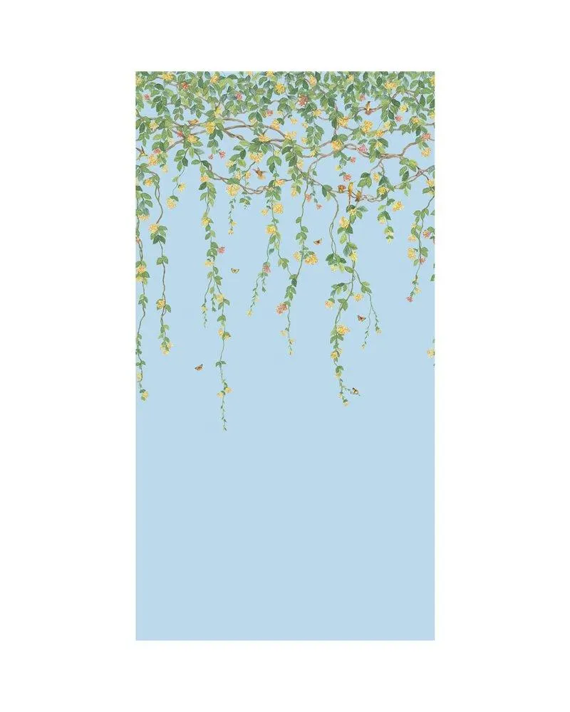 PAPEL PINTADO Hummingbirds Flora Buttercup Yellow On Cornflower Blue 124-2011