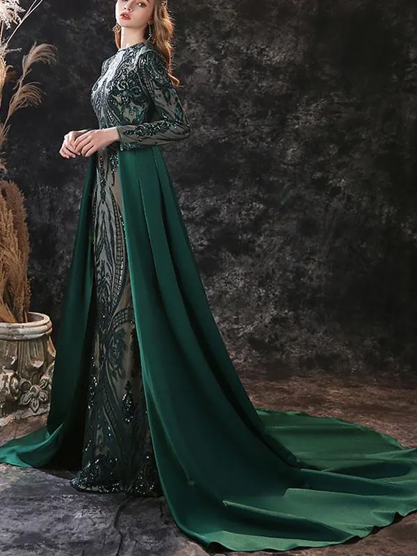 Vestidos Boda Invitada Vestido de noche Sirena Cuello joya con tren Manga larga Cremallera Encaje Encaje Vestidos sociales del desfile