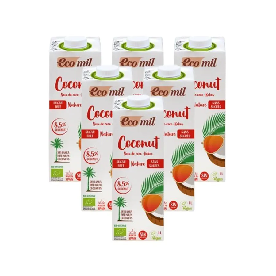 Pack 6L Bebida vegetal de coco sin azúcar, sin gluten y sin lactosa EcoMil