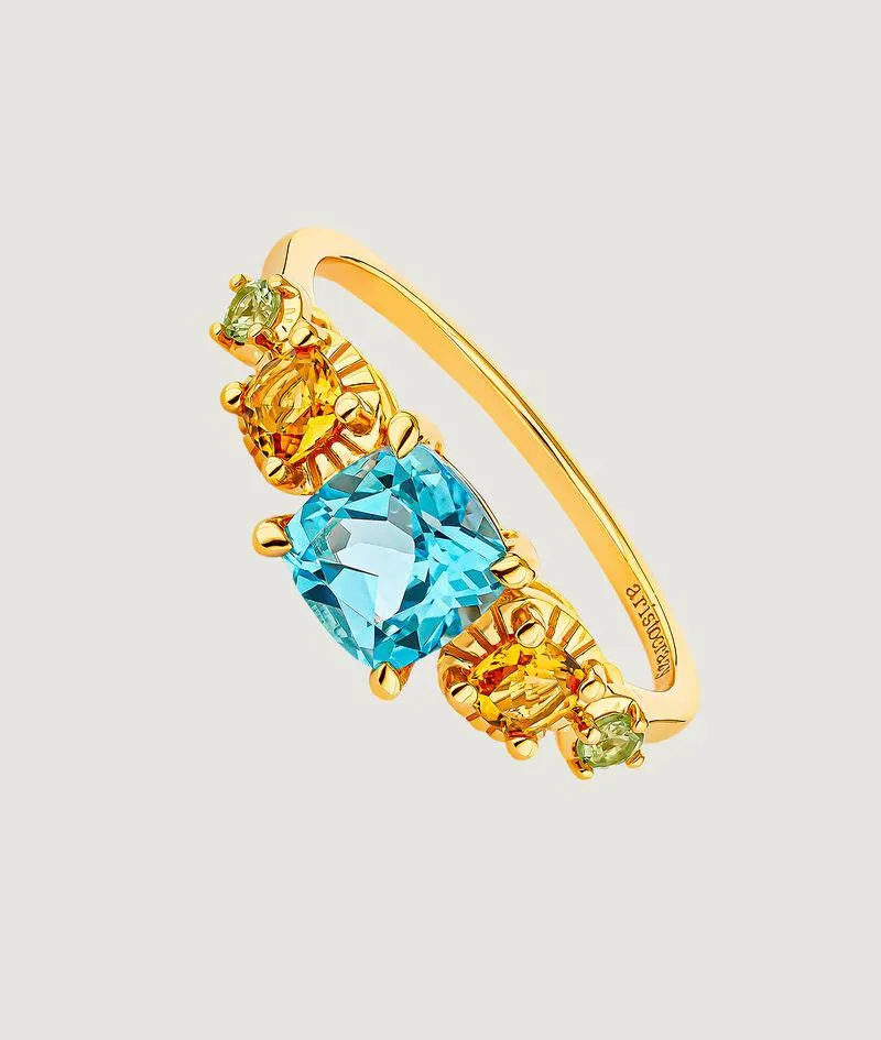 Anillo cinquillo de plata 925 bañada en oro amarillo de 18K con topacio azul swiss, cuarzos citrinos y peridotos verdes