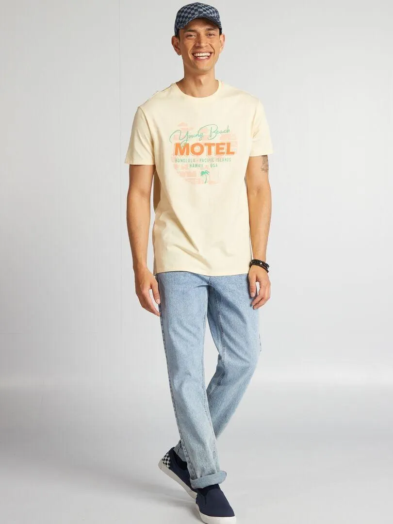 Camiseta de algodón estampada con cuello redondo - BEIGE
