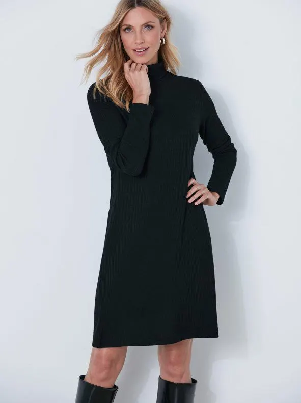 Vestido cuello vuelto manga larga canalé elástico