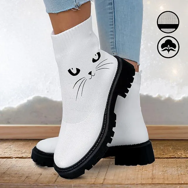 Mujer Botas Zapatos estampados Calcetines Tallas Grandes Diario Gato Botas a media pierna Invierno Tacón Plano Dedo redondo Punta cerrada Moda Casual Confort Flying Weaving Mocasín Blanco