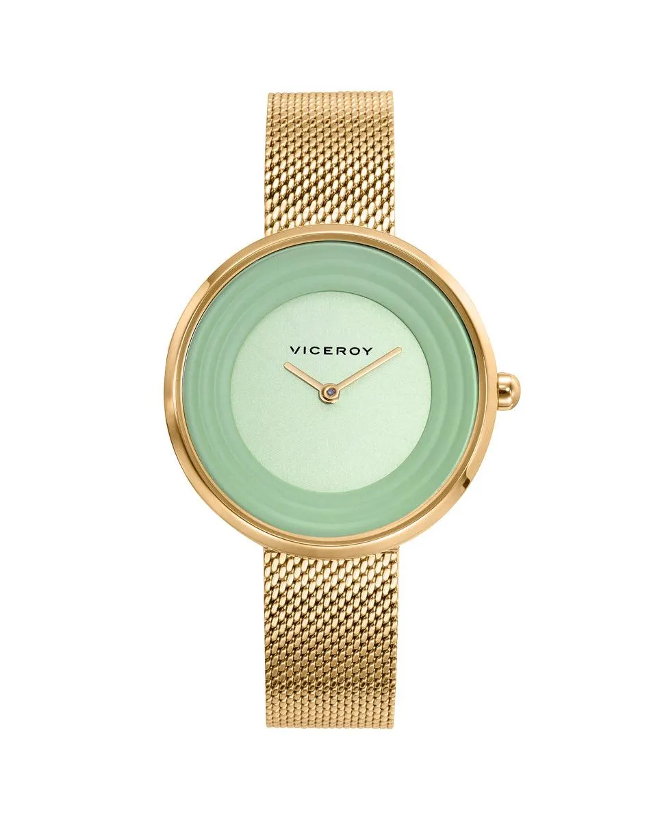 Reloj de mujer Kiss de acero con esfera verde y malla IP dorado