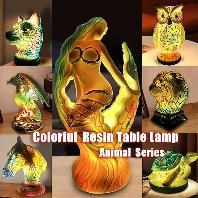 Lámpara de mesa de resina serie animal vidrieras luz nocturna lámparas de escritorio retro para lámpara de noche para dormitorio amantes de los animales decoración del hogar 10*15cm/3,93*5,9 pulgadas