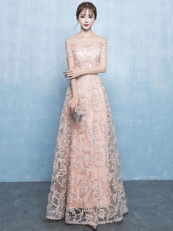 Vestido de noche Corte A Cuello barco Encaje Hasta el suelo Vestidos de fiesta formales